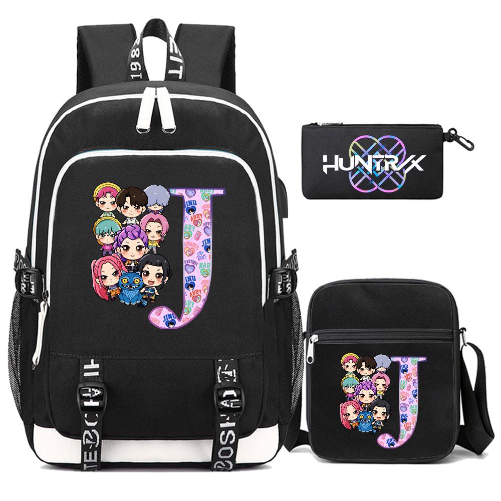 3Pcs/set 26 English Letter Kpop Printed Backpack with Shoulder Bag Pencil Case for Teenager Girl Boy Bookbag Large Capacity Waterproof Travel Bag