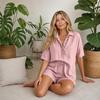 Conjunto de Verano de Algodón para Mujer, Top Holgado de Manga Corta con Botones y Cuello en V con Pantalones Cortos de Cintura Alta, Conjunto de 2 Piezas, Transpirable, Verano, Casual, Playa, Viaje