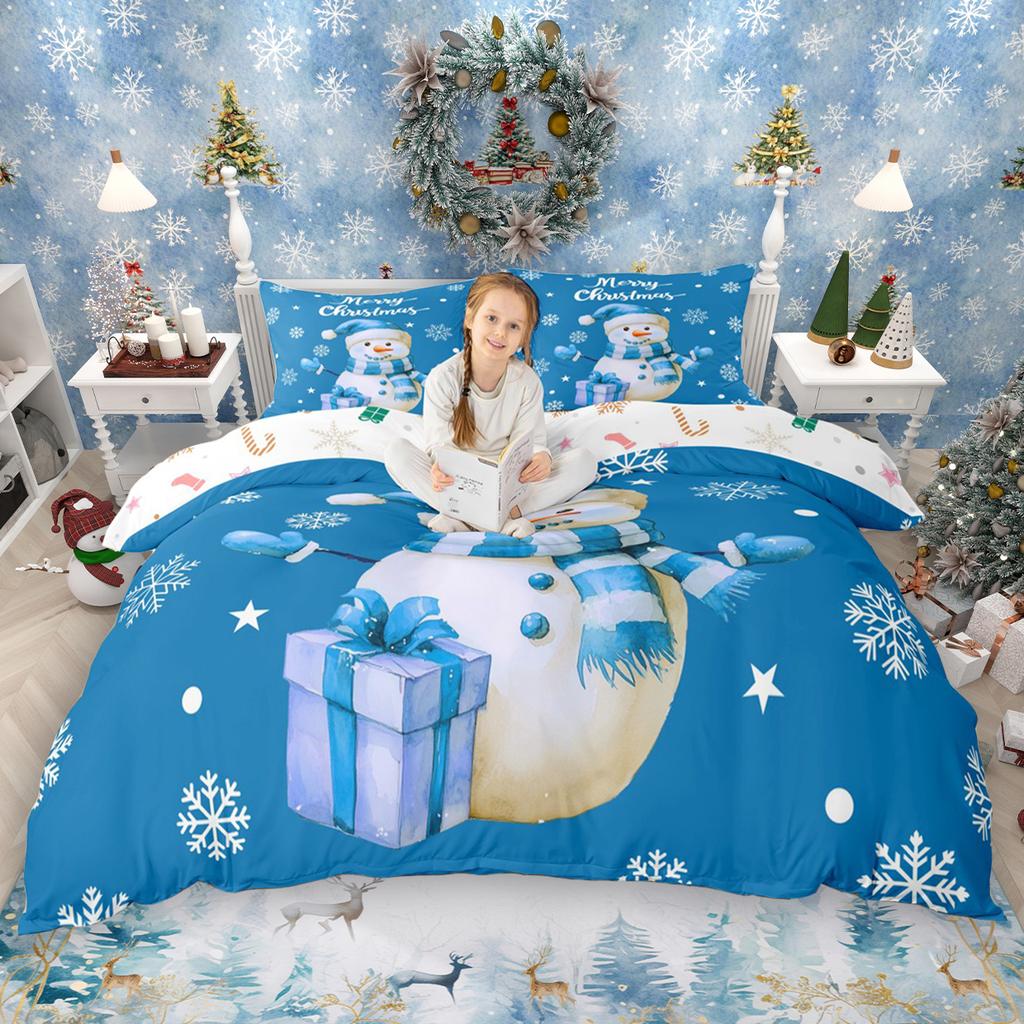 Homewish Cartoon Snowman Duvet Cover Set for Kids 2pcs/3pcs, Christmas Bedding Set for Girls Boys, Xmas Tree Farm Truck Bed Set