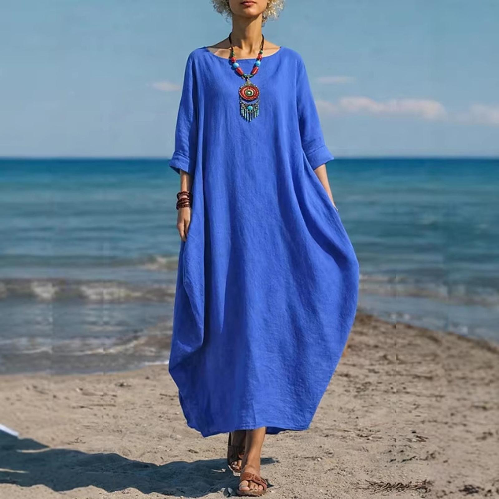 

Loose Fit Long Maxi Dress for Women with Half Sleeves and Round Neckline Casual Oversized Kaftan Style Gown L синий
