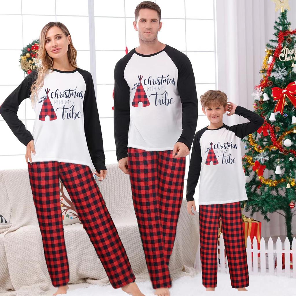 Custom Logo Family Christmas Pajamas Winter Long Sleeve Pjs Pajamas Custom Kids Pajama Set Print Top and Plaid Pants Sleepwear