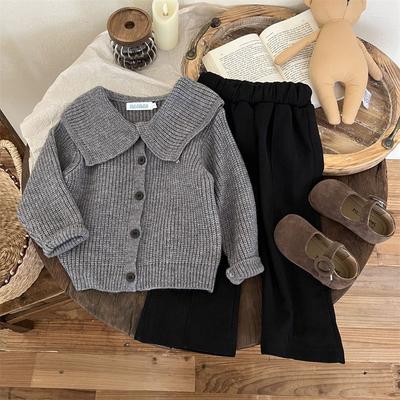 Koreanische Version Kinderkleidung Herbst Winter Mädchen Set Strickpullover Schwarze Hose Zweiteiliges Set