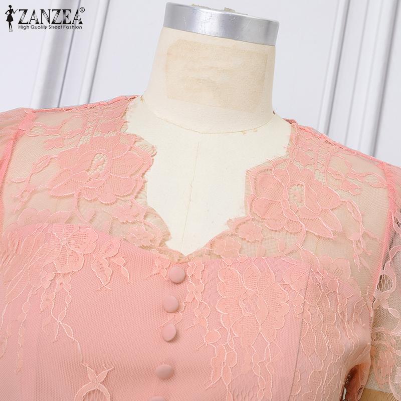 ZANZEA Women Lace Patchwork Summer Casual V-Neck Short Sleeve Blouse