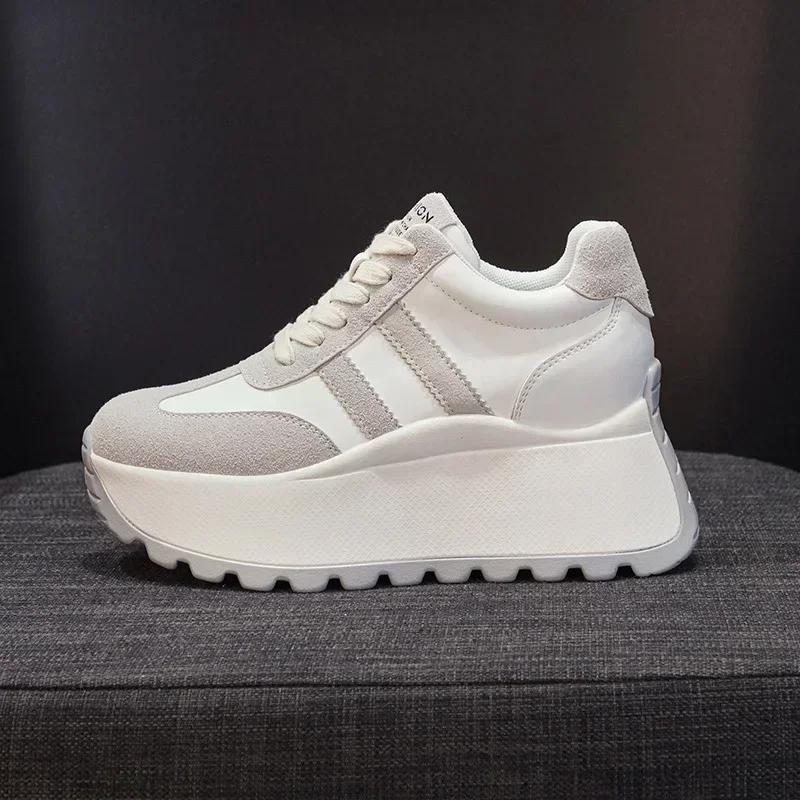 Fashion Top quality 8cm Genuine Leather Platform Wedge Women Spring Autumn Chunky Sneakers Shoes Breathable Comfortable Vulcanize boots