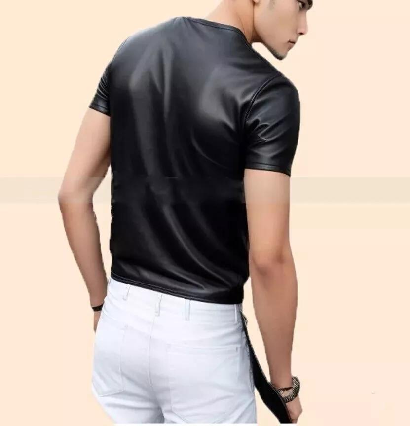 Men T-Shirt Stylish Lambskin Leather Black Party Wear Clubwear Biker Fashion Handmade