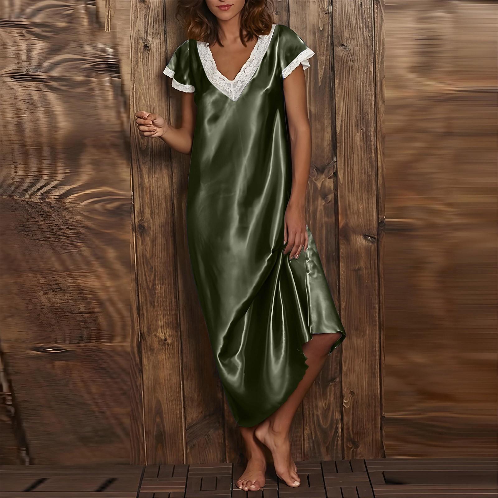 

Модная женская пижама длинное платье кружевное V-образный вырез короткий рукав свободное платье XXL