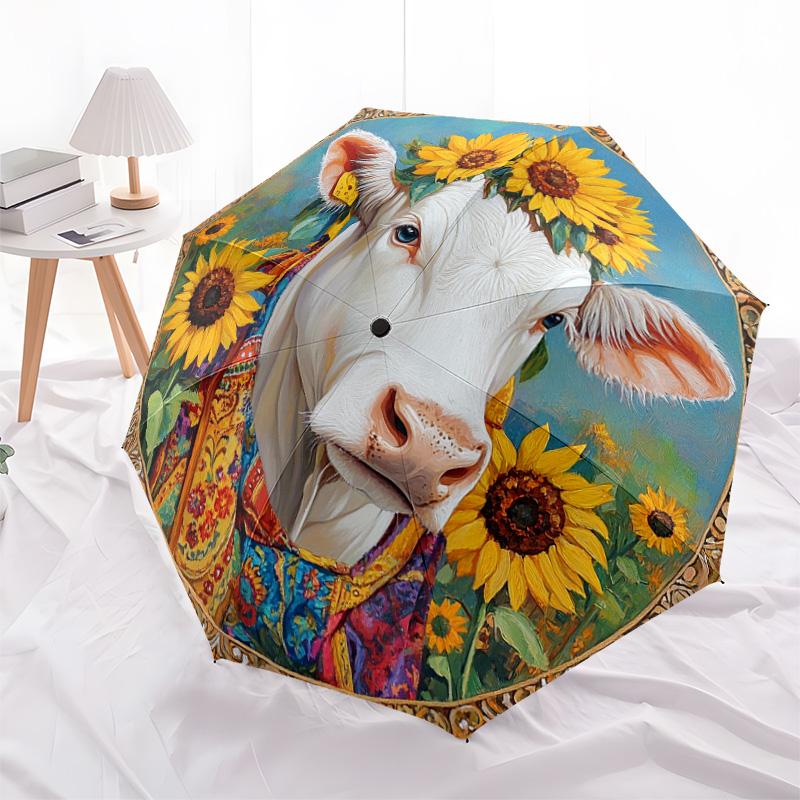 1 PC Automatic Folding Umbrella - Cow with Sunflowers Pattern, Portable & Foldable Design with 8 Ribs, Christmas Birthday Gifts