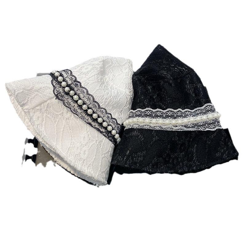 Versatile Summer Sunshade Basin Hat Female Pearl Lace Fisherman Retro Breathable Summer Sunscreen Beach Climbing Tide