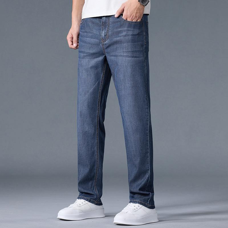 Tencel Jeans Men's Slim Summer Thin Wrinkled Lyocell Cool Loose Straight Casual Light Business Trousers for Men