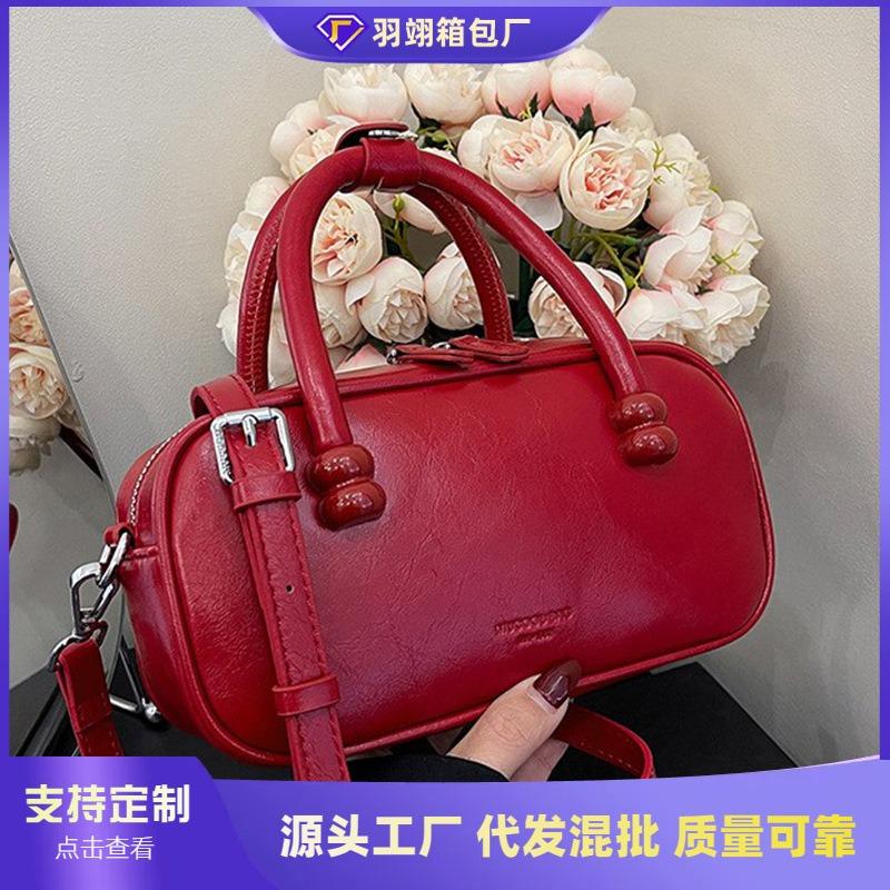 New Trendy Texture Fashionable Retro Bowling Versatile Shoulder Messenger Bag Summer Red Portable Small Square Bag