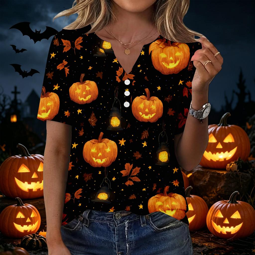 Women's Casual Halloween Print V Neck Short Sleeve Button Detail T Shirt Top Suitable for Everyday Wear and Seasonal Events