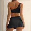 3Pcs/Set Backless Lines Texture Bikini Skirt Set One Shoulder Bra High