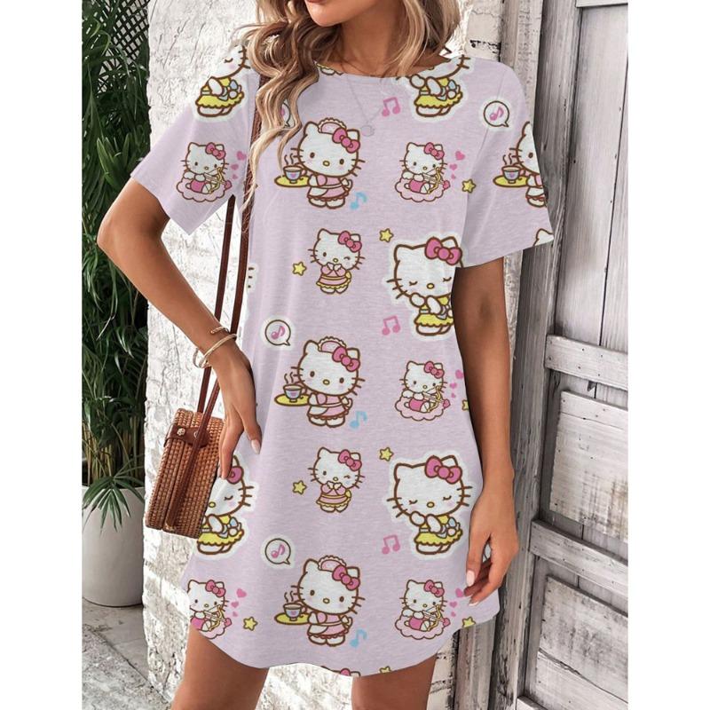 Mini Sukienka Elegancka Sukienka Damska Hello Kitty Okrągły Dekolt Krótki Rękaw Modna Lato 2025 Moda Seksowna