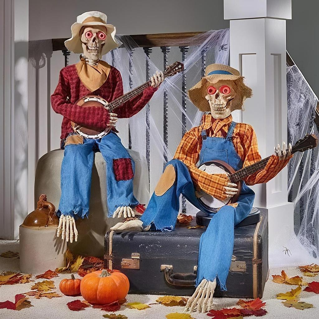 Halloween Skeleton 23.6 Inch Animated Banjo Skeleton Joint Adjustable Musical Prop for Indoor Outdoor Holiday Display Haunted