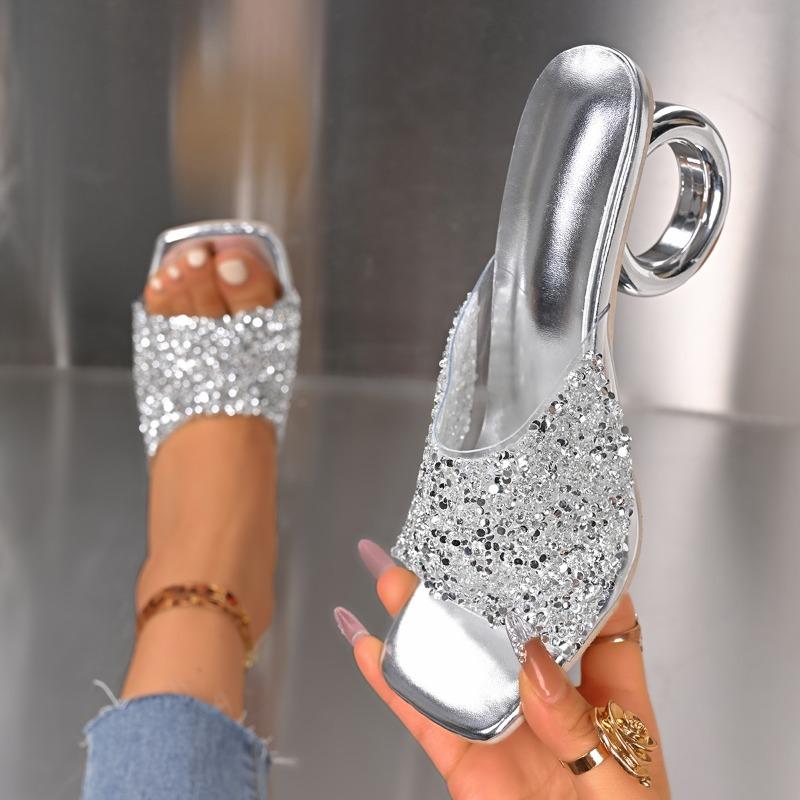 Fashion Plus Size Women's Shoes Square Toe Slip Rhinestone Slippers Cold Slip Special Heel Heels
