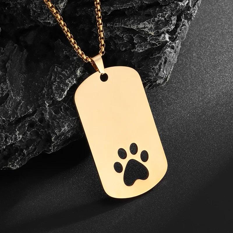 Stainless Steel Dog Paw Glossy Square Pendant Necklace Men's Fashion Casual Hip Hop Trendy Jewelry