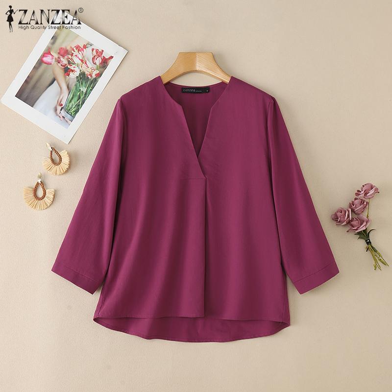 ZANZEA Women Casual V-Neck Solid Color Loose 3/4 Sleeve Cotton Blouse