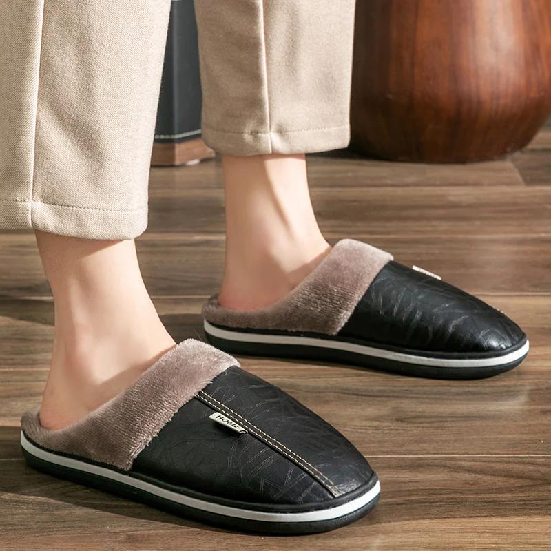 Fashion Men's Home Winter Indoor Slippers Warm Shoes Thick Bottom Plush Waterproof Leather House Man Slippers Cotton Flat Couple Shoes