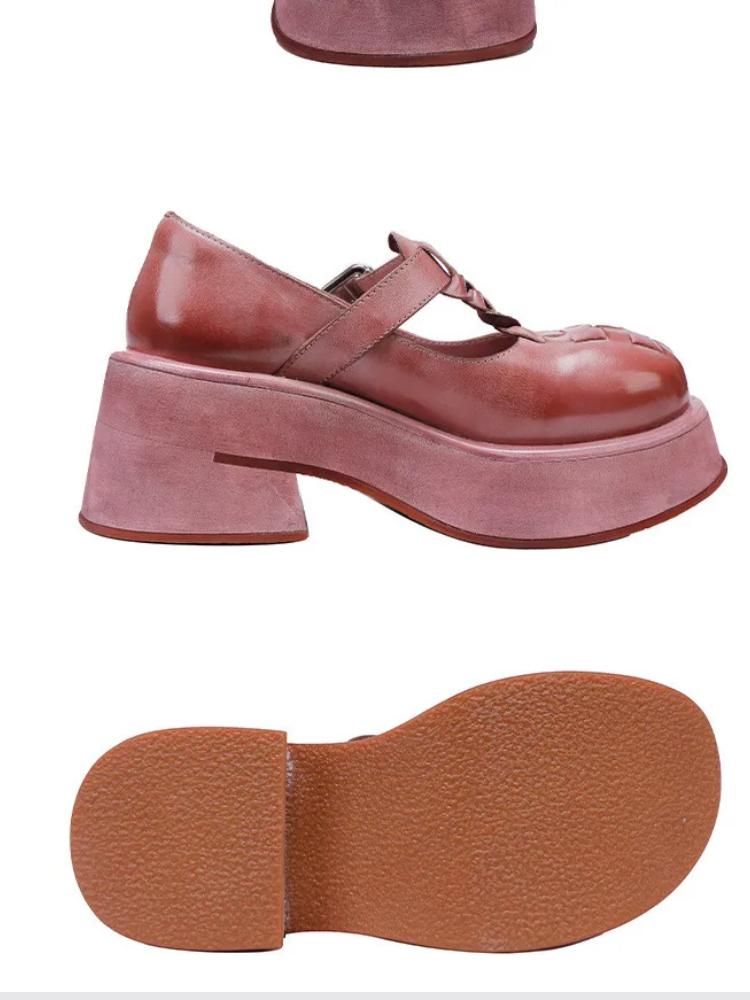 Johnature Escarpins Haut de Gamme en Cuir de Vache à Boucle en T Peu Profonde Rétro Semelle Épaisse Fait Main Chaussures à Plateforme pour Femmes