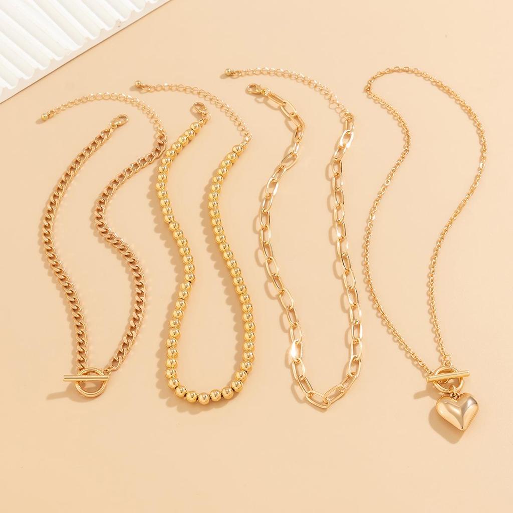 European & American Hip Hop Beaded Necklace with Geometric OT Buckle and Heart Clavicle Chain