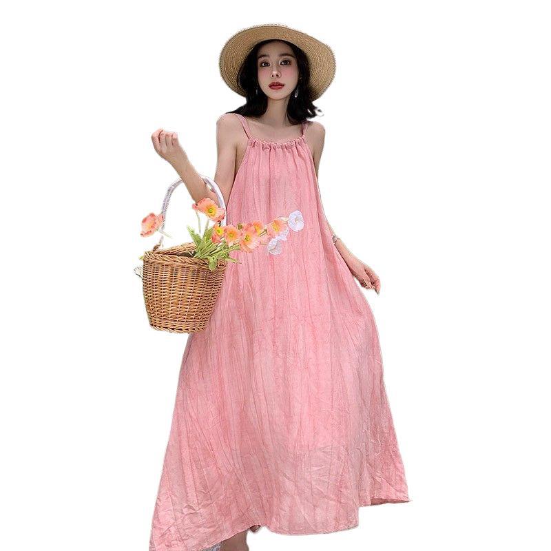 Pink Suspender Long Dress Women's Summer New Seaside Vacation Beach Dress Neck Design Niche Skirt