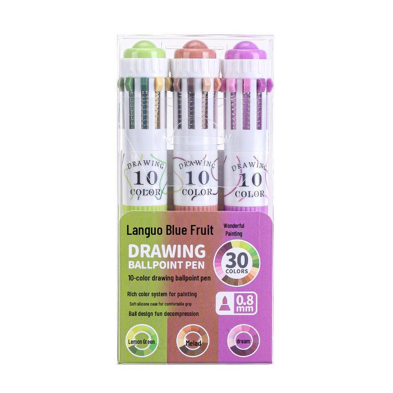 Blue Fruit 10-Color Quick-Dry Ballpoint and Marker Pen Set for Creative Drawing and Painting