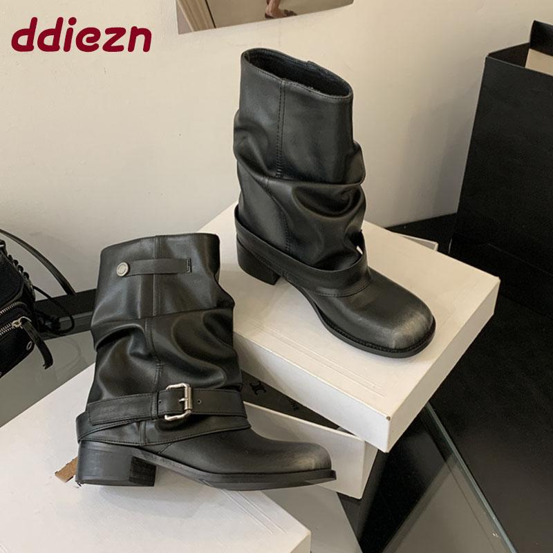 Fashion Female Slip On Footwear Women Ankle Western Boots With Heels Shoes Fashion Round Toe Ladies Short Denim Booties Heeled Shoes New