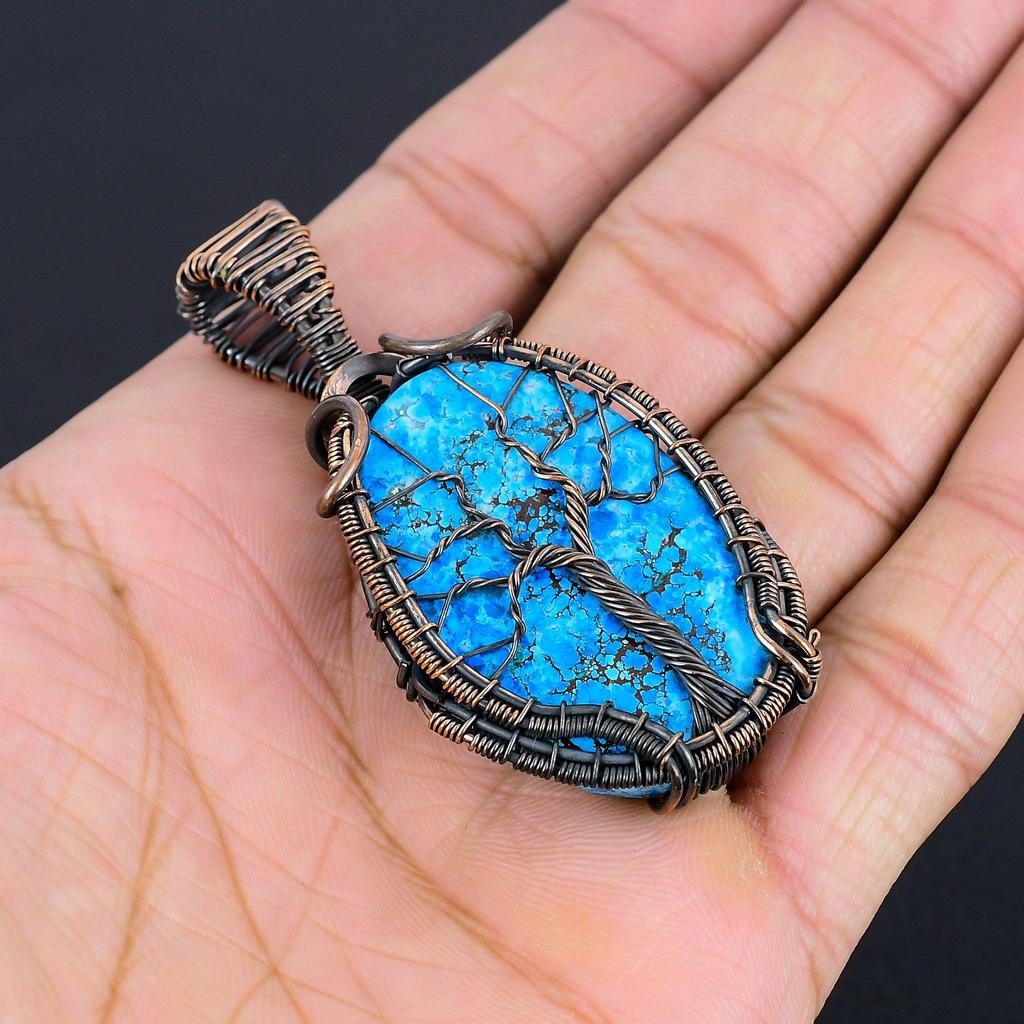 Tibetan Turquoise Pendant, 999 Copper Wire Wrapped Gemstone Jewelry, Handmade Pendant, For Thanksgiving
