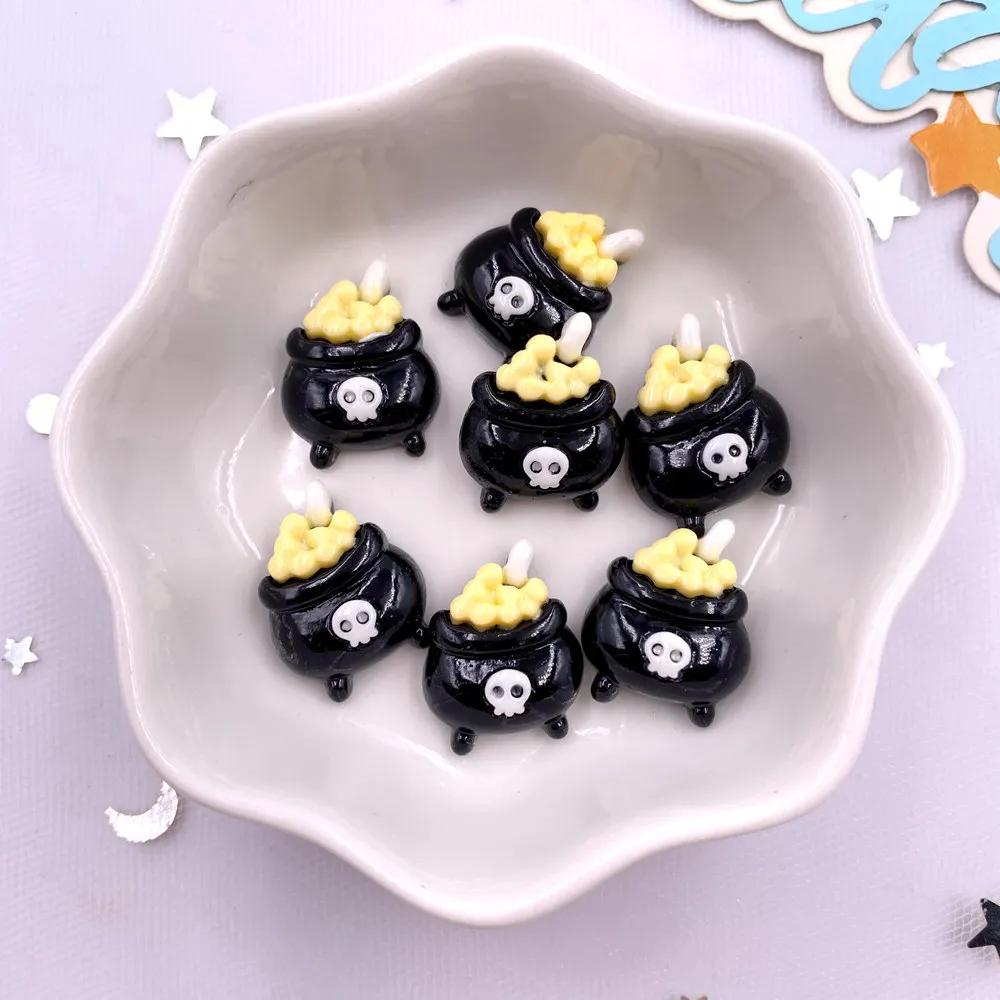 10Pcs Resin Colorful Cute Witch Hat Cat Bat Skull Figurines Flatback Stone DIY Bow Halloween Decor Scrapbook Accessories