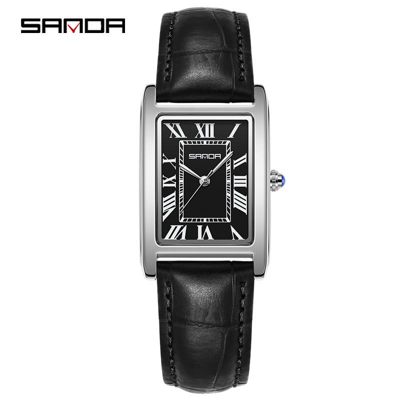 Sanda Retro Korean Style Roman Numeral Square Quartz Watch with Leather Strap for Men and Women