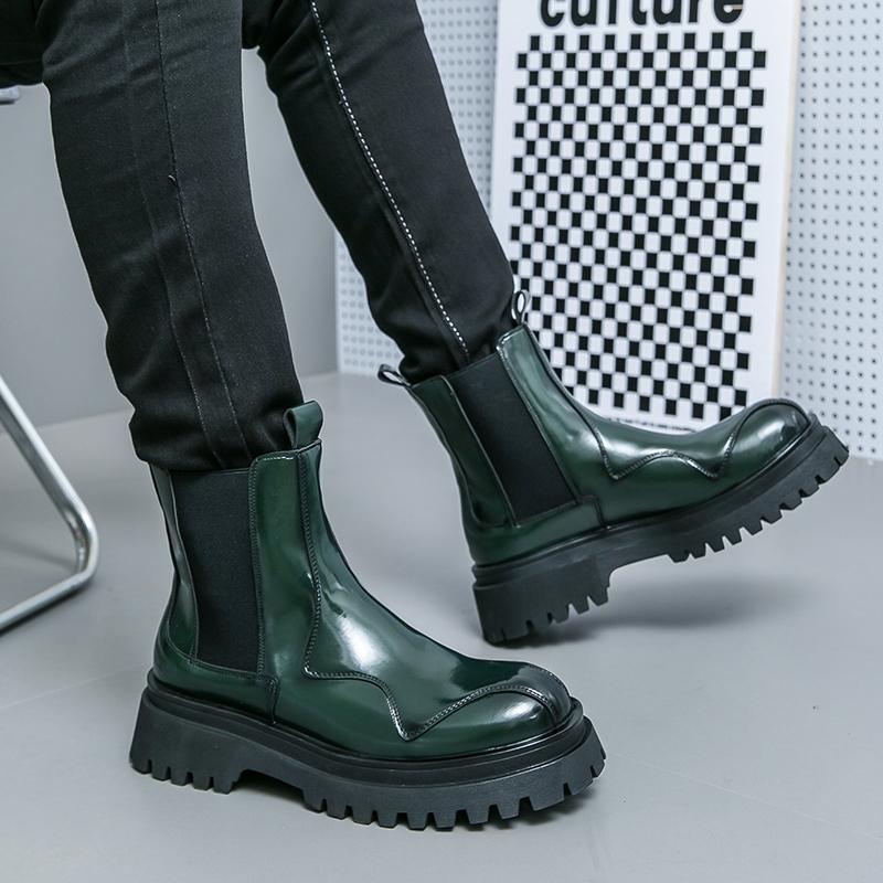 Men’s Chelsea Thick Sole Platform Punk Green Leather Boots Elevator Street Style Big Head Motorcycle Boots High Boots Plus Size