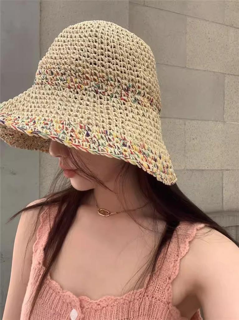 Straw Hat Women's Summer Hollow Sunscreen Visor Breathable Beach Hat Seaside Vacation Wind Wide Brim Woven Bucket Hat