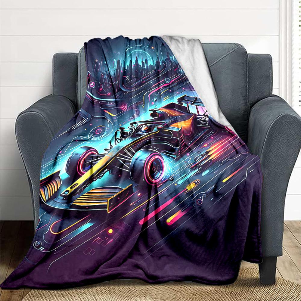 1pc Futuristic Racing Print Blanket Lightweight Flannel Throw Blanket For Sofa, Bed, Living Room, Office, Outdoor Travel, Camping