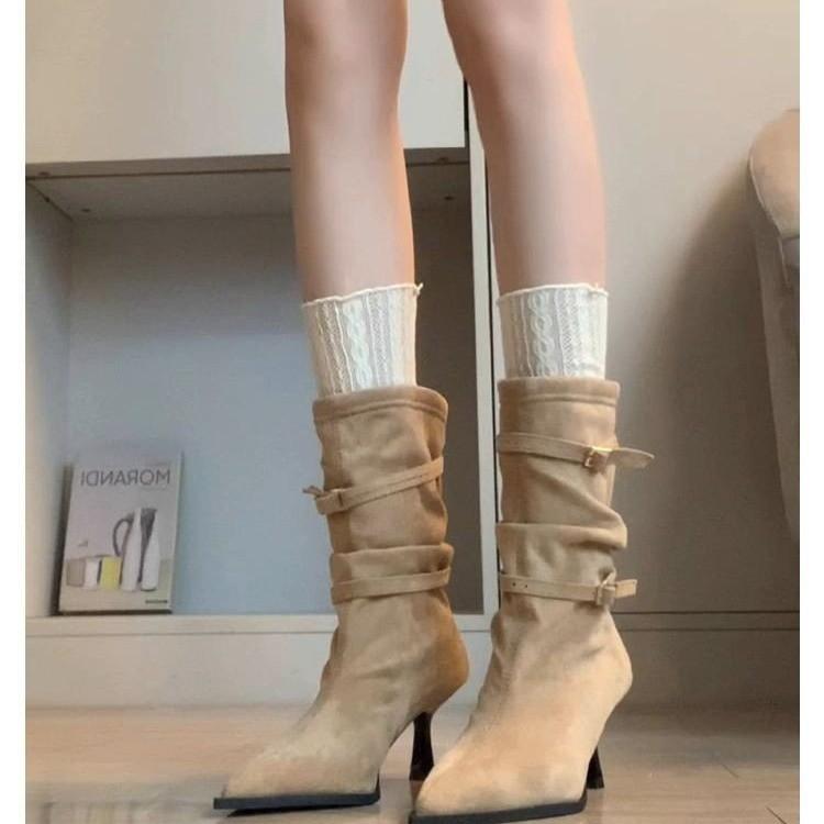 Pointed High-heeled Short Boots Women's 2025 New Autumn Retro Pleated Piled Boots Thin Heels Western Thin Boots