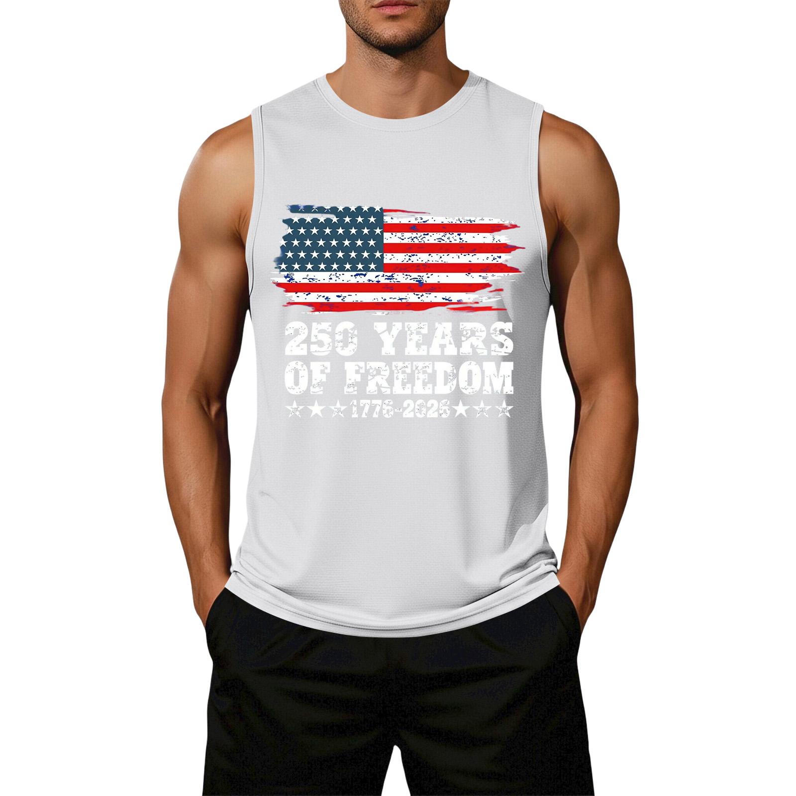

Men Sleeveless Loose Fit Casual Tank Top Flag Print Graphic Design 250 Years Anniversary Commemorative Style Comfortable Fit XL білий