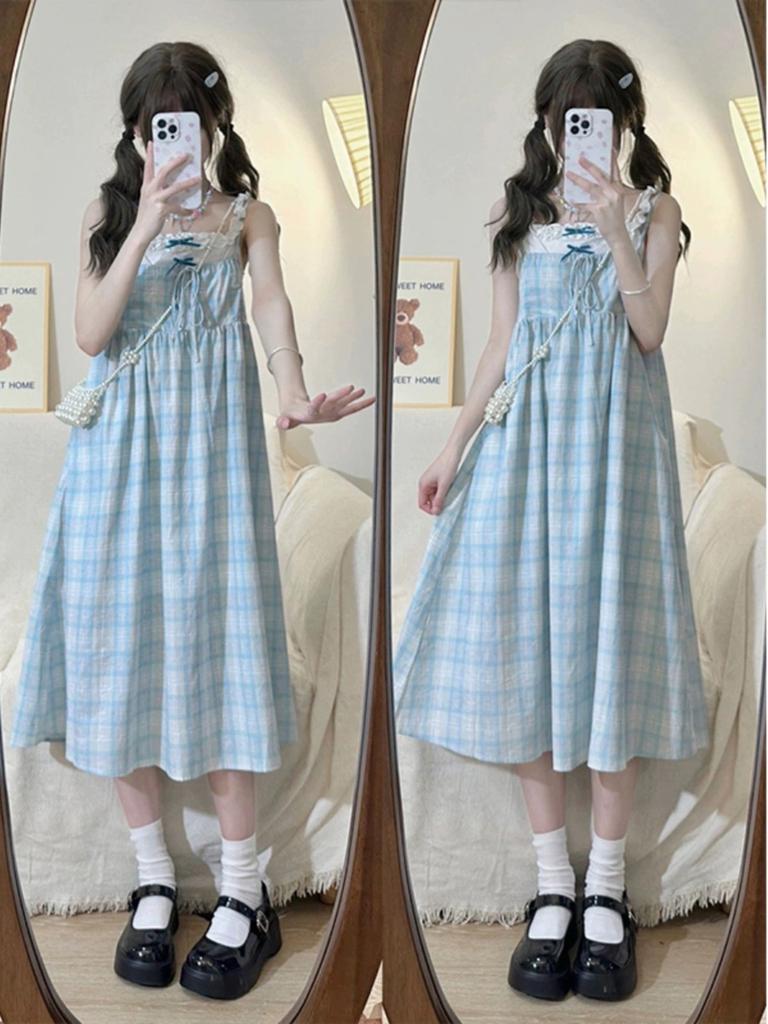 Fake Two-piece Tube Top Suspender Small Dress Summer New Plaid Sweet First Love High Waist Thin A-shaped Skirt