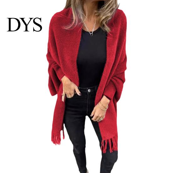Women Shawl Jacket Winter Fall Thick Fleece Fringe Tassel Hem Long Bat Sleeves Open Stitch Cardigan Knitted Fuzzy Mid Length Coat Outdoor Daily