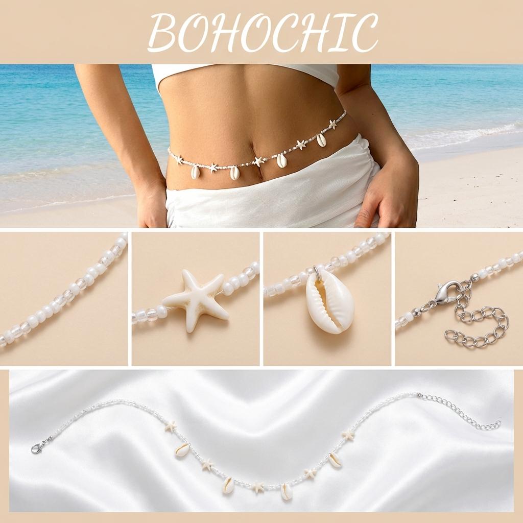 Klassische bunte Reiskörner Muschel Taillenkette für Frauen Handgewebte Bohemian Seestern Bauchkette Sommer Strand Körper Schmuck