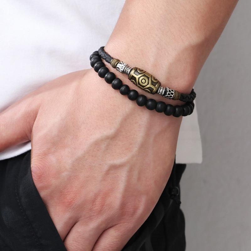 Dzi Bead Navy Blue Retro Necklace Personalized Woven Wax Rope Antique Pendant Collarbone Chain Punk Trendy Men's Jewelry