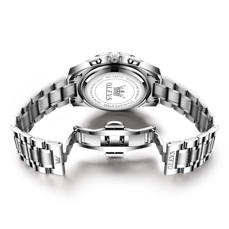 OLEVS Men's Waterproof Watch with Luminous Chronograph, Date Display, Stainless Steel Band, Gray, Perfect for Business or Casual Wear