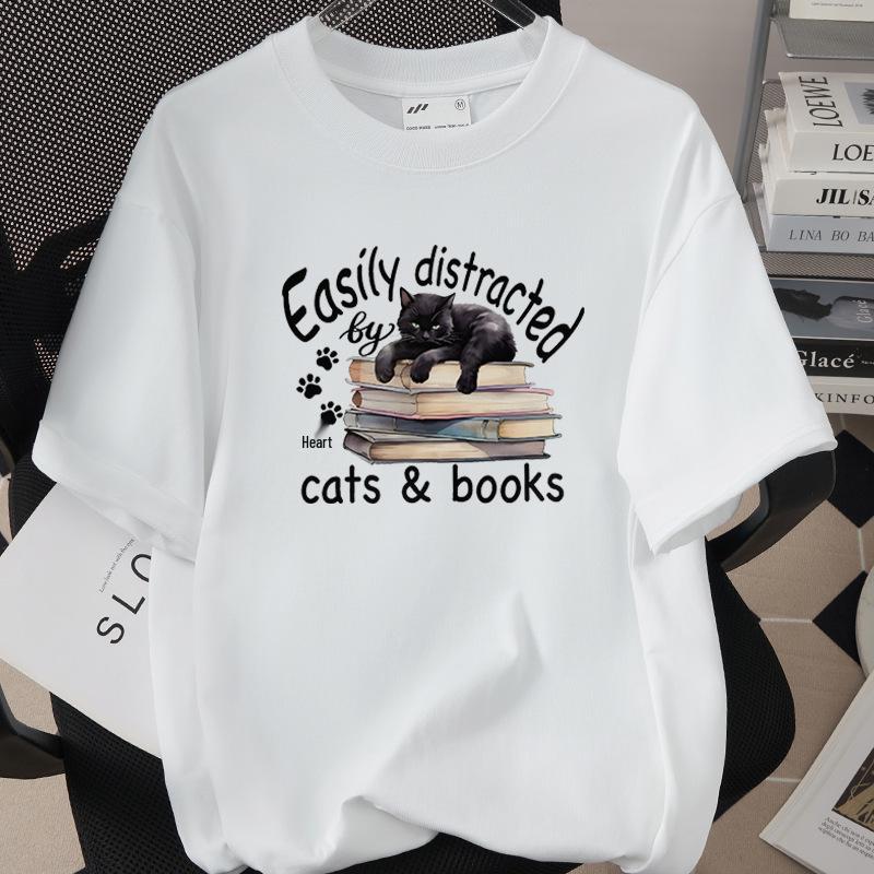Trendiges Grenzüberschreitendes Katzen-Print-T-Shirt, 260g Reine Baumwolle, Kurzarm, Einfach 1002-45