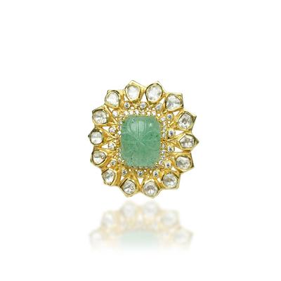 Silver Gold Finish Kundan Polki & Green Stone Adjustable Ring