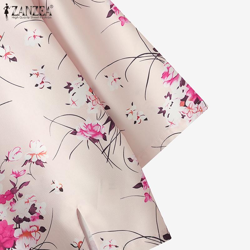 ZANZEA Women Casual Round Neck 3/4 Sleeve Split Hem Flora Printed Blouse