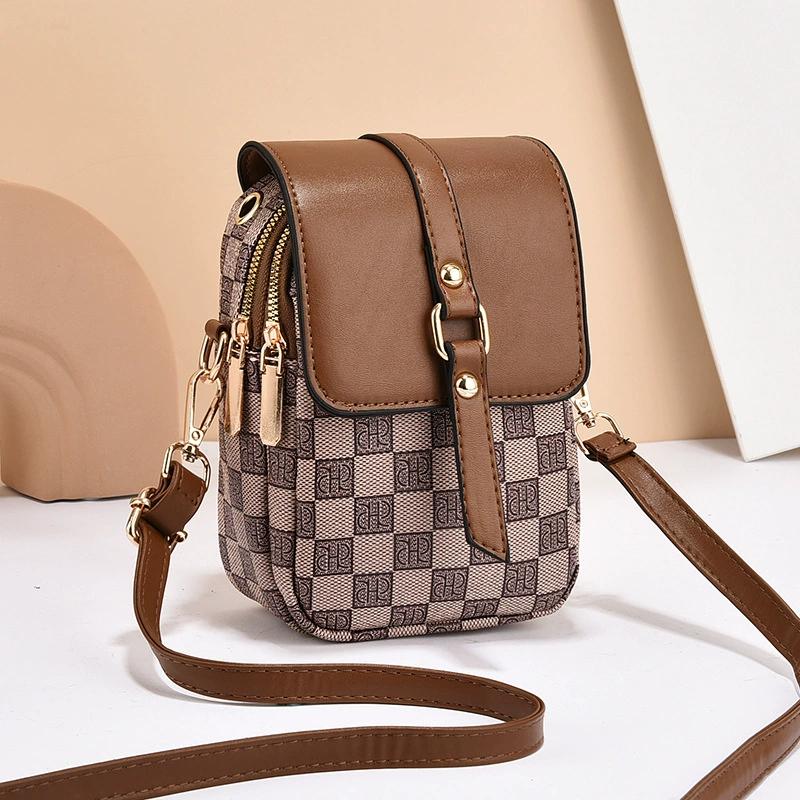 Women Mini Crossbody Phone Bag Flap Vintage Monogram PU Leather Double Zip Small Shoulder Bag with Adjustable Strap High Quality
