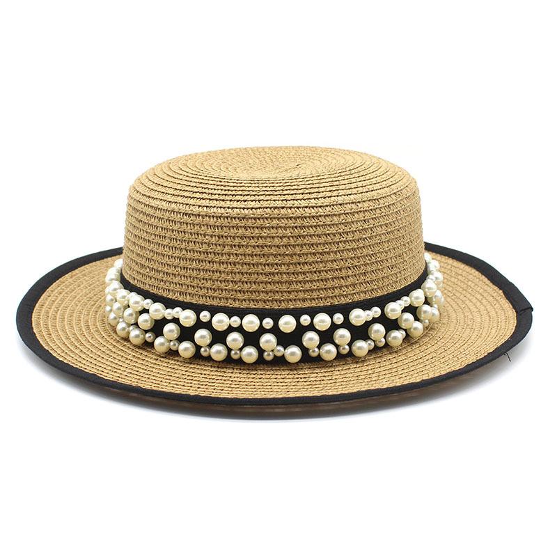 Summer Sunshade Sunscreen Big Brim Top Hat Women'S French Retro Pearl Chain Flat Top Hat Casual Versatile Straw Hat