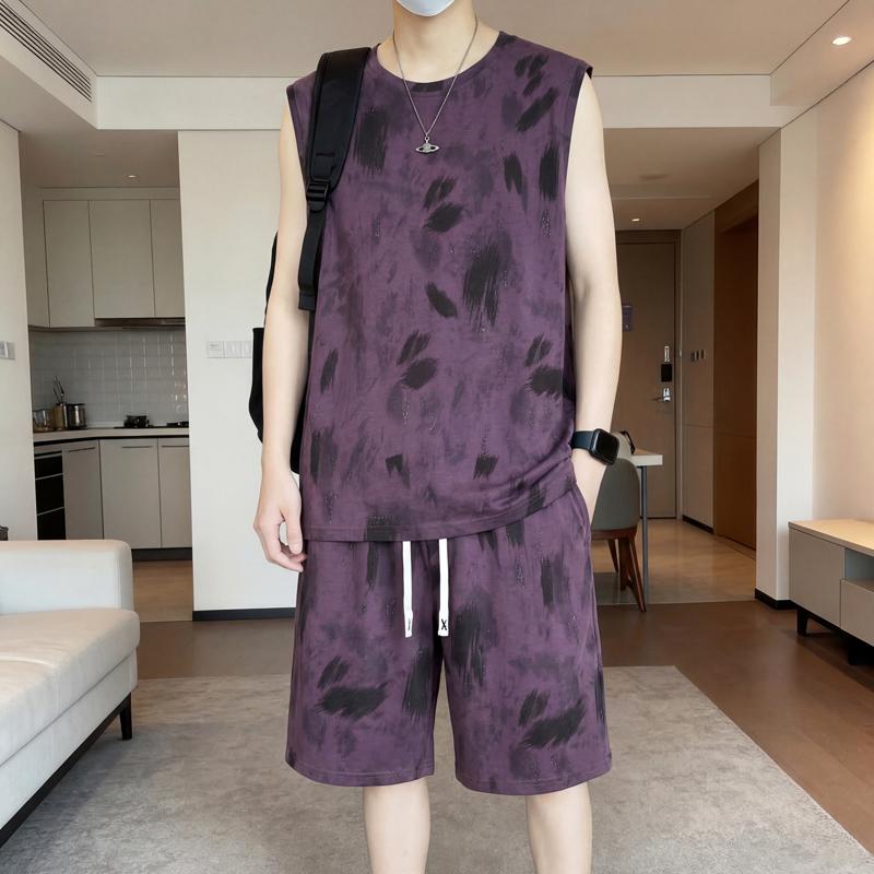 Men's Plus Size Tie Dye 2-Piece Outfit – Sleeveless Tank Top & Shorts Set (Sizes 5XL-11XL) Cotton Blend Summer Casual Wear