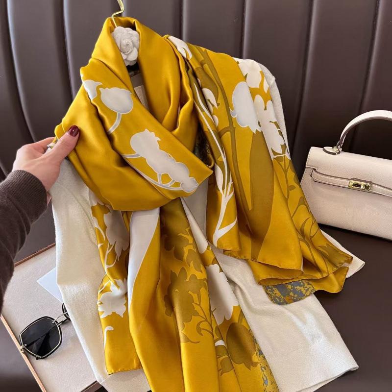 Spring and Summer Thin Silk Scarf High-end Printed Long Scarf New Satin Travel Sunscreen Scarf National Style Cloak