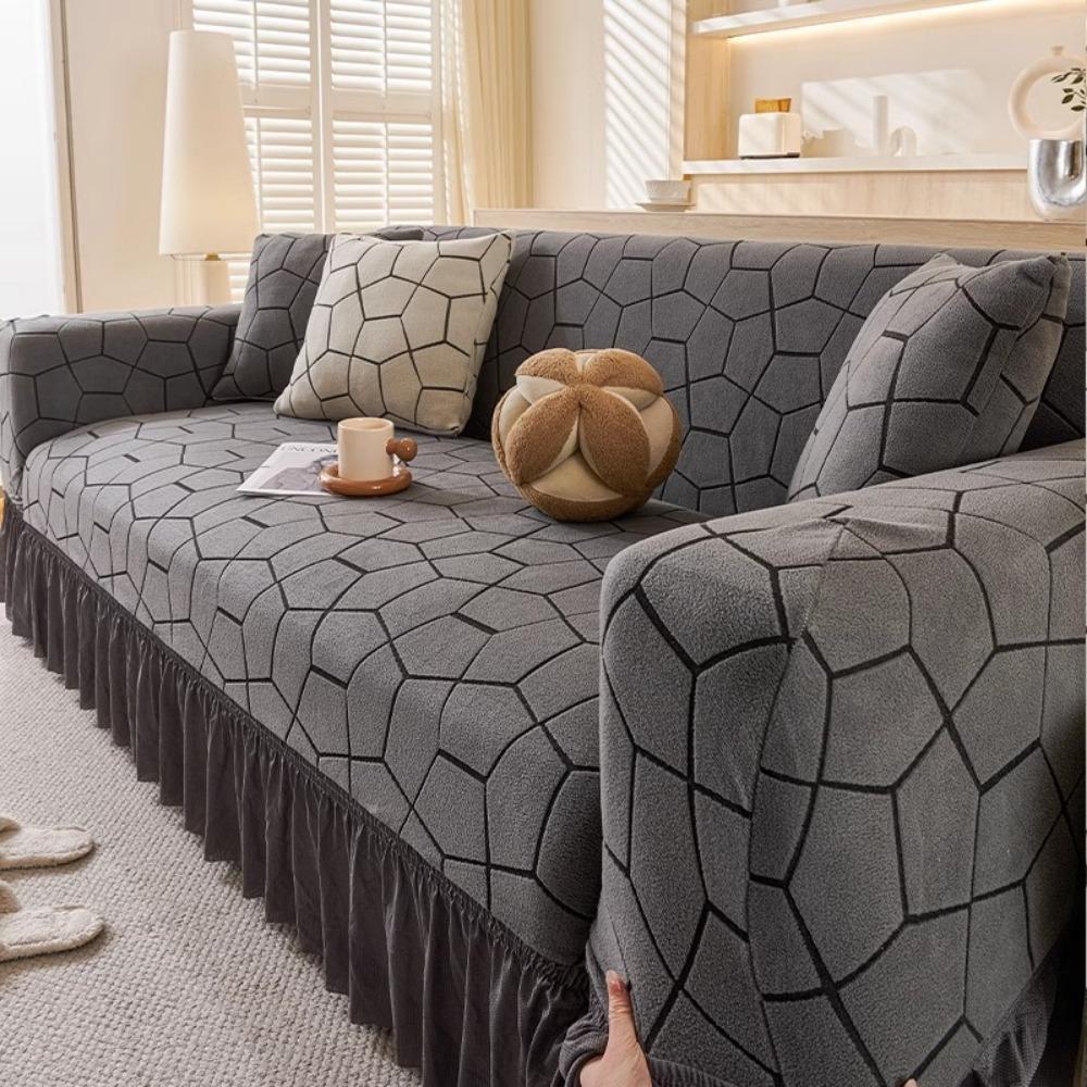 Jacquard Sofa Cover with Skirt Universal Full Coverage Stretch Slip Proof Fabric Couch Dust Protector