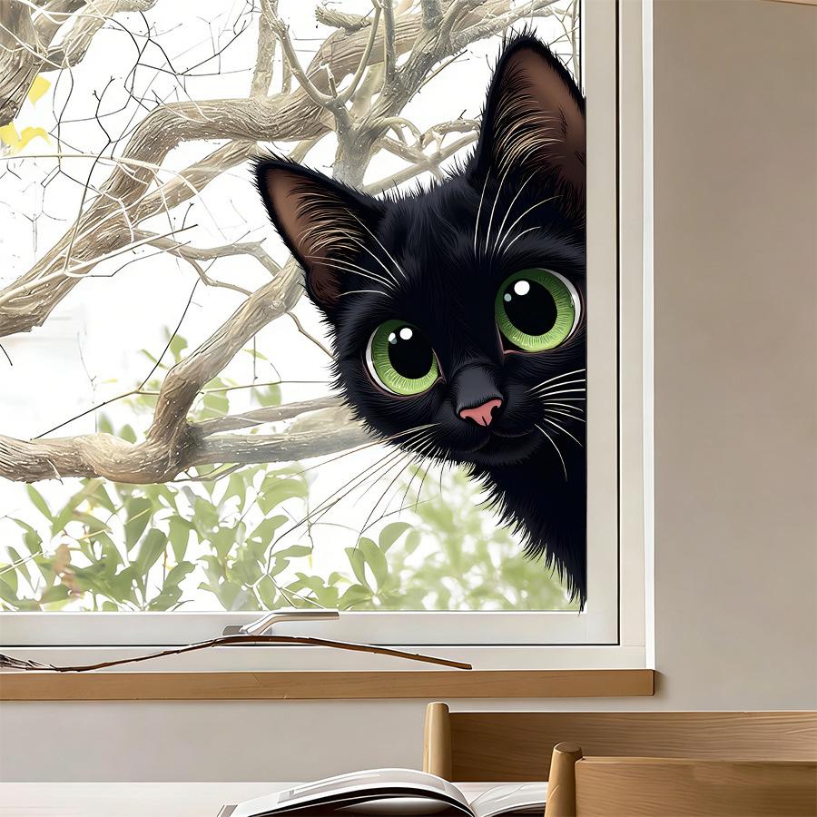 Realistic Black Cat Peeking Through Window Static Cling Glass Sticker Cute Healing Home Decor