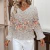 Dámský ležérní módní top s volánky, výstřihem do V, potiskem a dlouhým rukávem